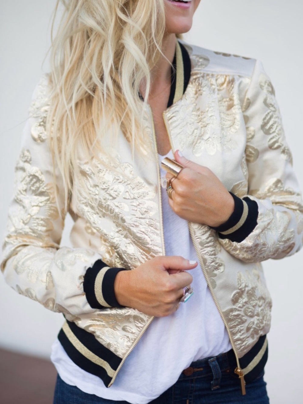 Trina Turk Metallic Floral Bomber Jacket - Gold & Black